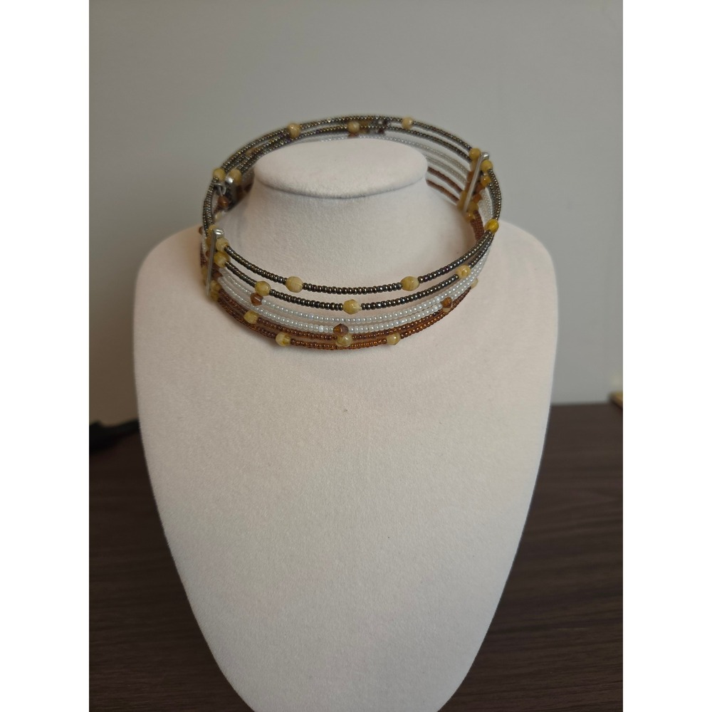 Boho Multi Strand Memory Wire Choker Necklace Earth Tone Seed Bead Wrap Layered